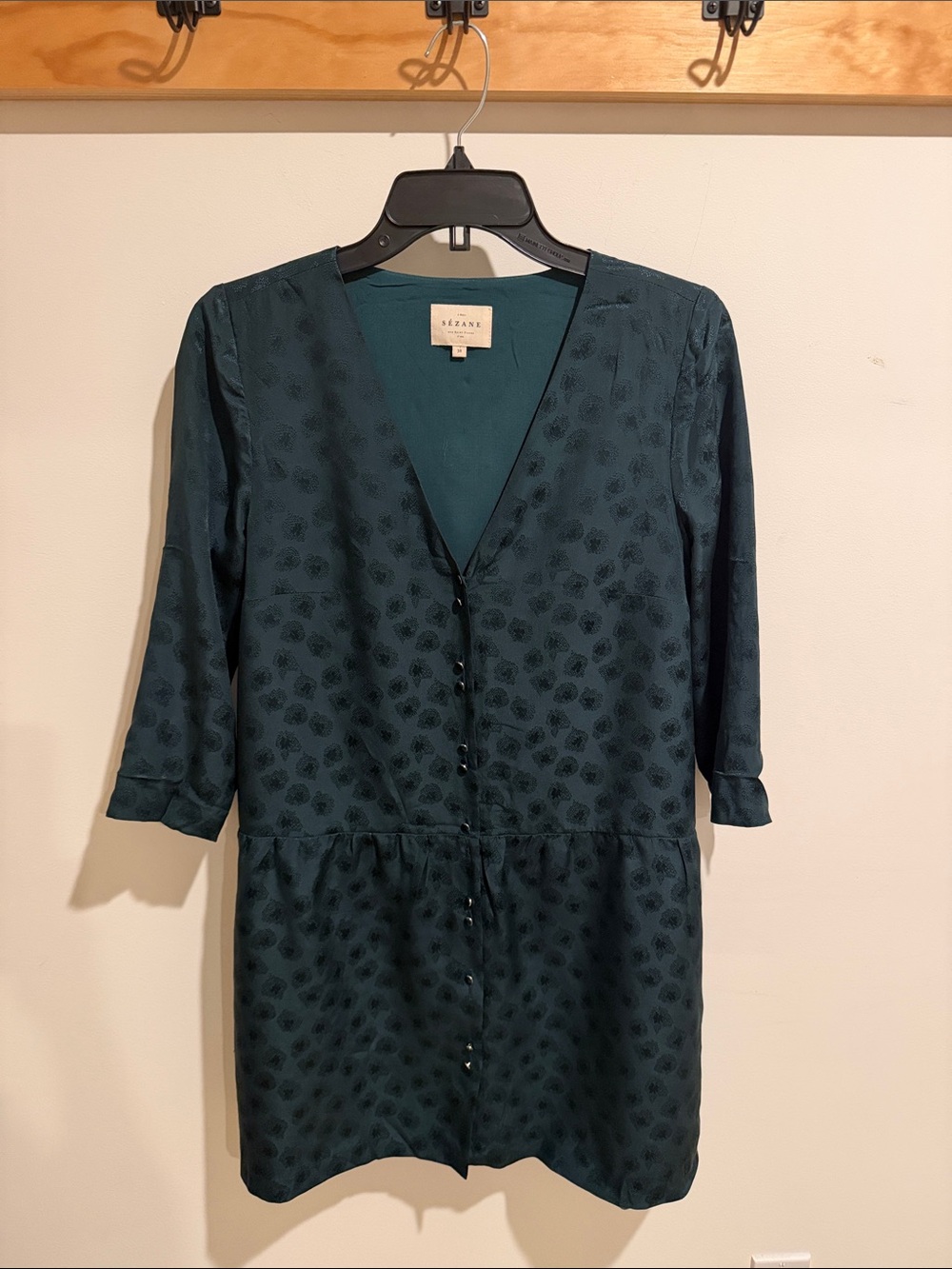 Sezane Teal V-Neck Button Front Dress